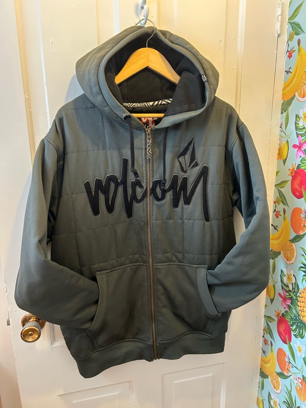 Volcom Olive Green Quilted Hoodie Jacket with Black Logo